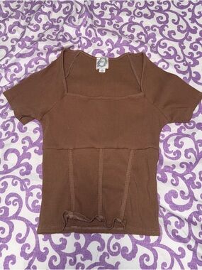 Blue Rain Brown Ribbed Short Sleeve Square Neck Top